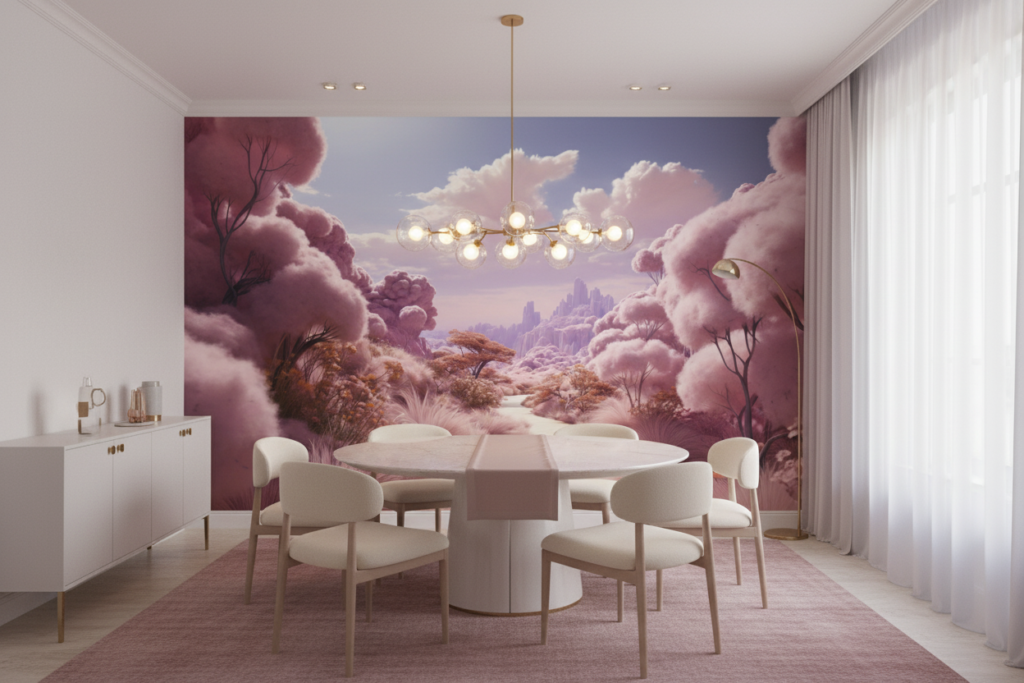 Paysage Fantastique Rose Nuageux aux Tons Pastel Doux - Salle à manger