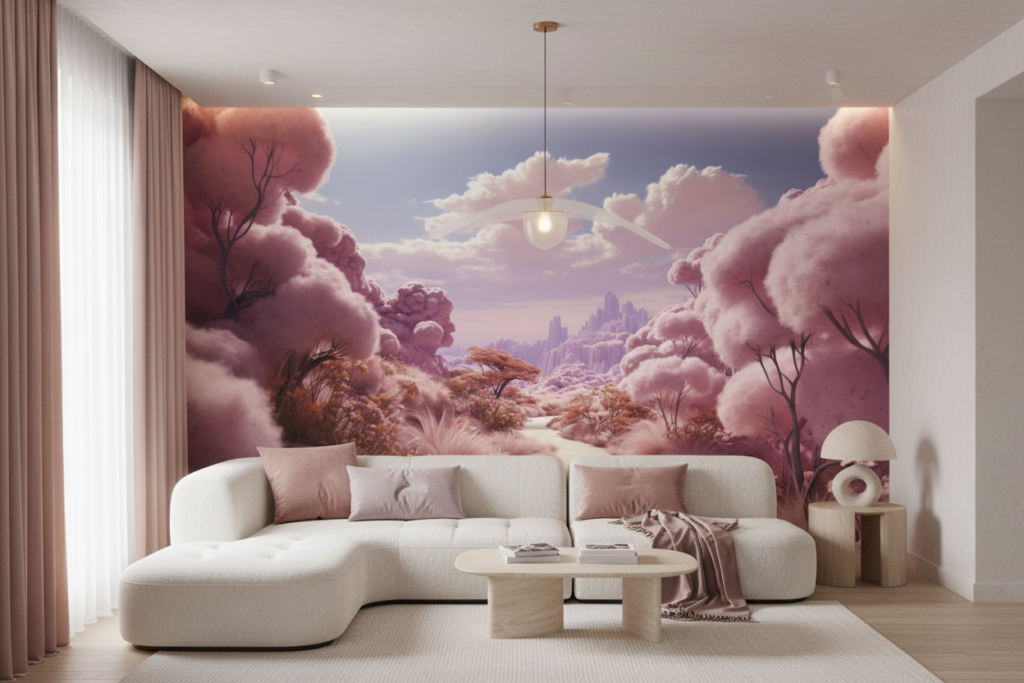 Paysage Fantastique Rose Nuageux aux Tons Pastel Doux - Salon / Séjour