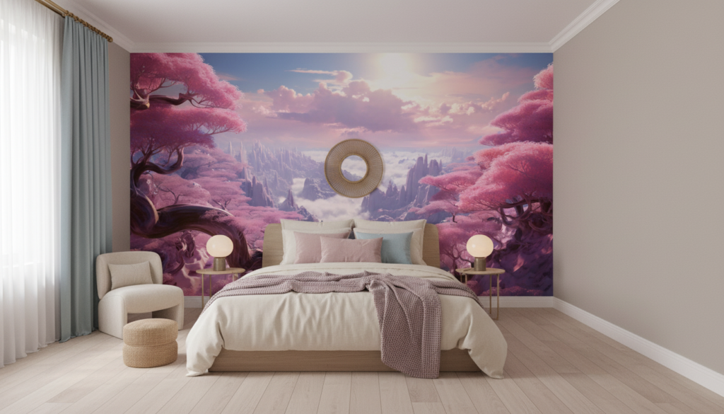 Paysage féerique aux cerisiers roses et montagnes nuageuses mystiques - Chambre ado