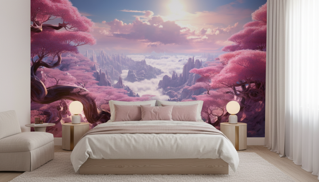 Paysage féerique aux cerisiers roses et montagnes nuageuses mystiques - Chambre adulte