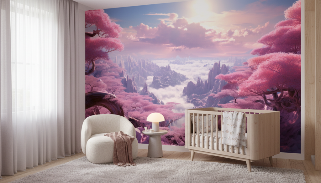 Paysage féerique aux cerisiers roses et montagnes nuageuses mystiques - Chambre bébé