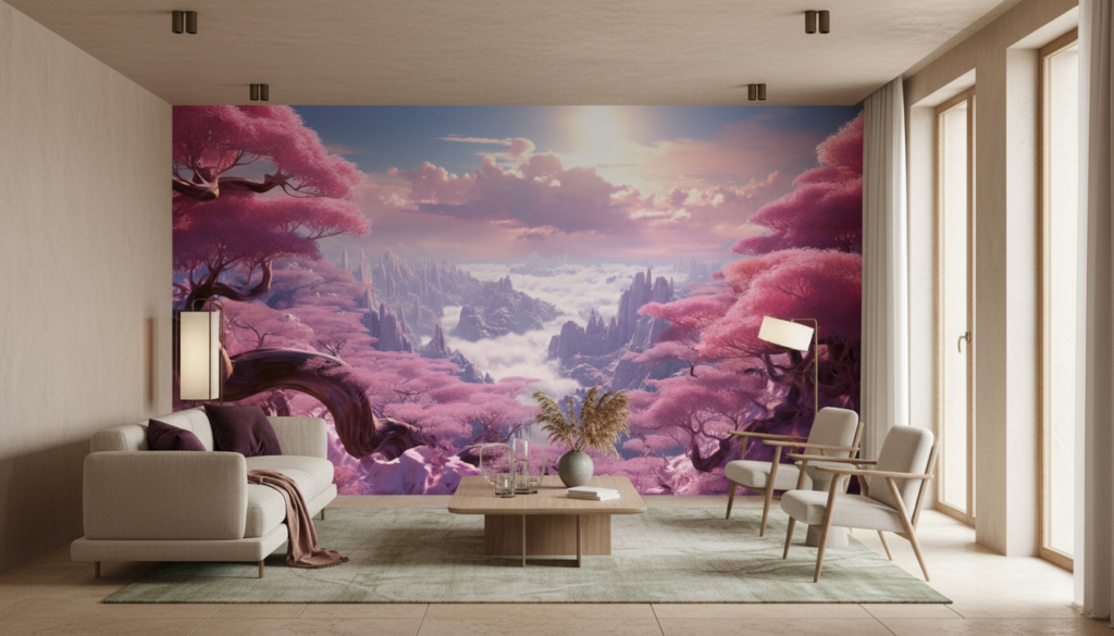 Paysage féerique aux cerisiers roses et montagnes nuageuses mystiques - Salon / Séjour