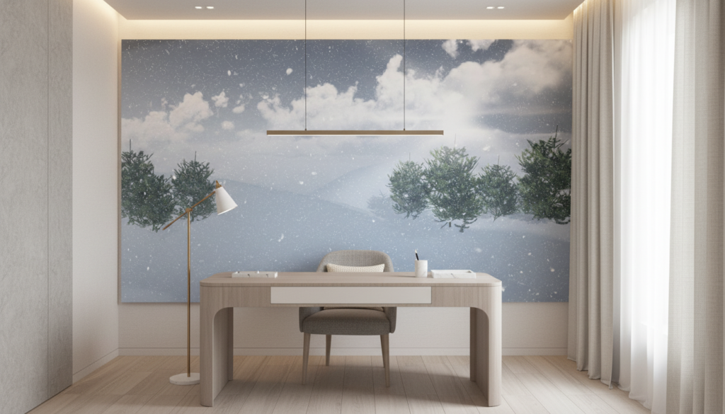 Paysage hivernal enneigé avec sapins sous ciel nuageux - Bureau