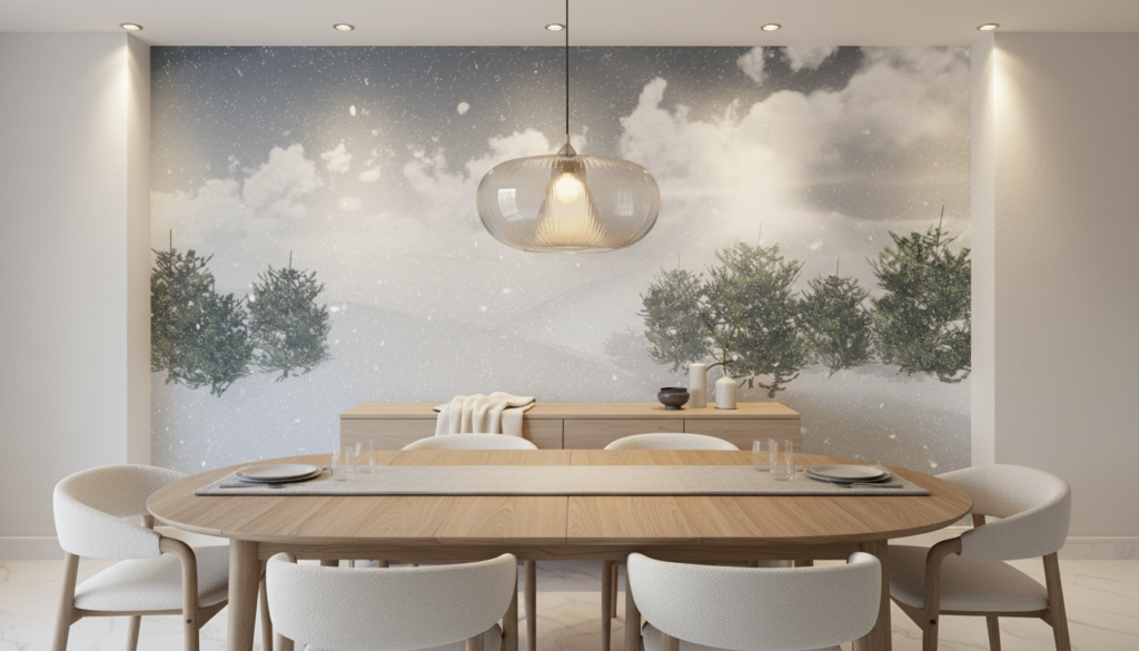 Paysage hivernal enneigé avec sapins sous ciel nuageux - Salle à manger