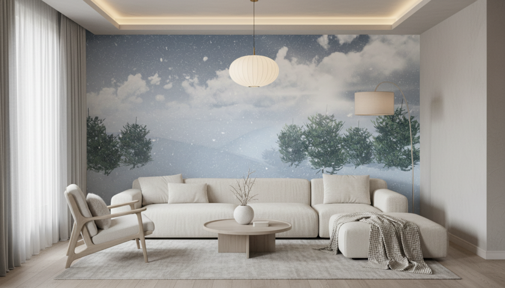 Paysage hivernal enneigé avec sapins sous ciel nuageux - Salon / Séjour