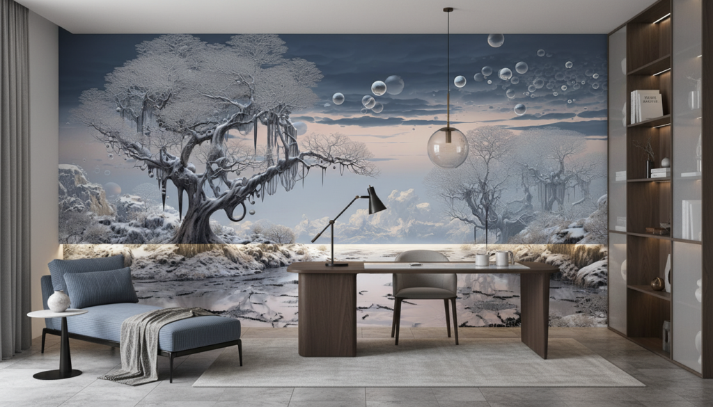 Paysage Hivernal Fantastique avec Arbre Glacé et Bulles Flottantes - Bureau