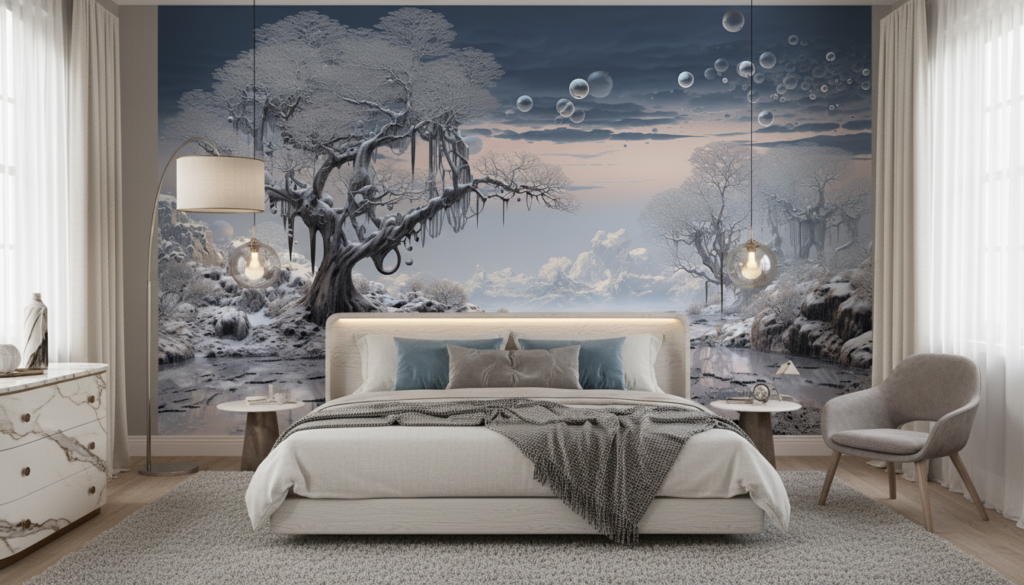 Paysage Hivernal Fantastique avec Arbre Glacé et Bulles Flottantes - Chambre adulte