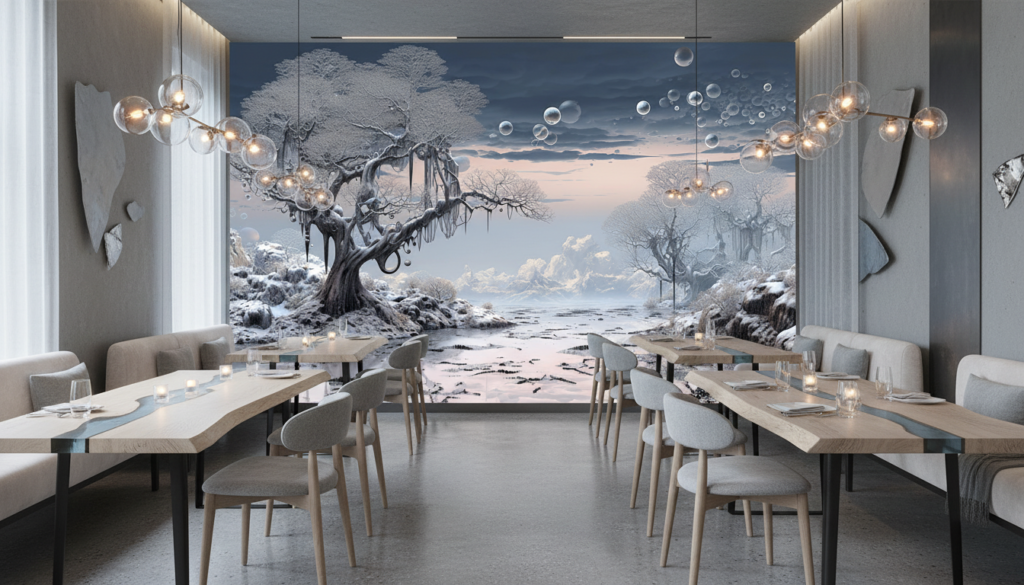 Paysage Hivernal Fantastique avec Arbre Glacé et Bulles Flottantes - Restaurant