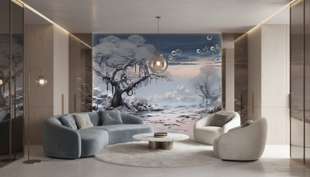 Paysage Hivernal Fantastique avec Arbre Glacé et Bulles Flottantes - Salon / Séjour