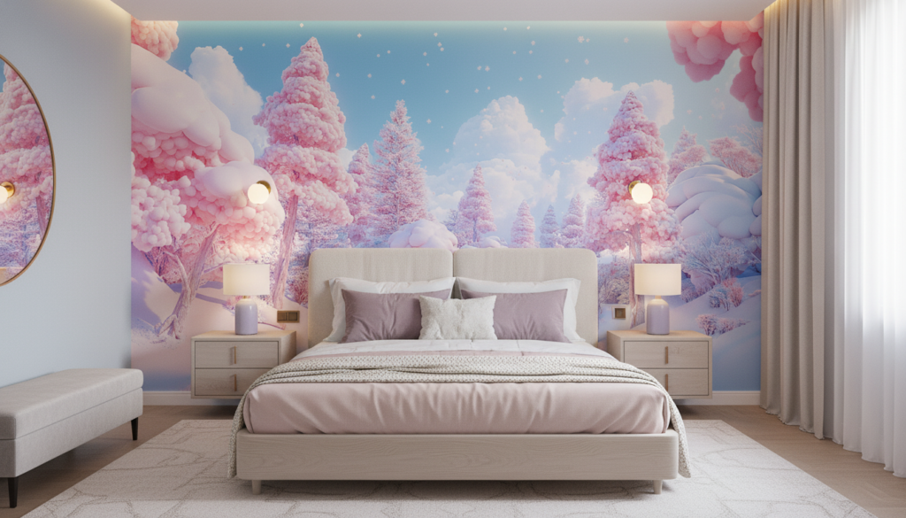 Paysage Hivernal Féerique aux Teintes Roses et Bleues Pastel - Chambre adulte
