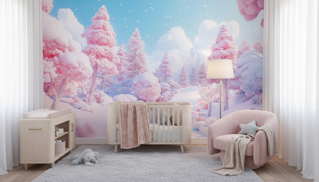 Paysage Hivernal Féerique aux Teintes Roses et Bleues Pastel - Chambre bébé