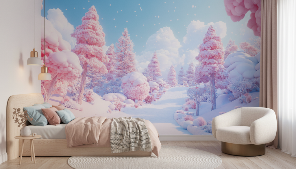 Paysage Hivernal Féerique aux Teintes Roses et Bleues Pastel - Chambre enfant