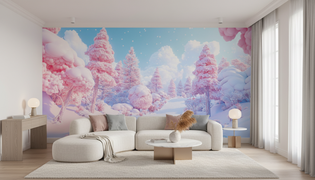 Paysage Hivernal Féerique aux Teintes Roses et Bleues Pastel - Salon / Séjour