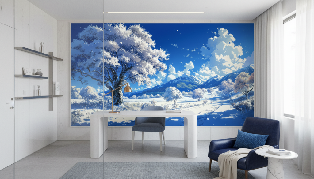 Paysage hivernal montagneux avec cerisier en fleurs et neige scintillante - Bureau