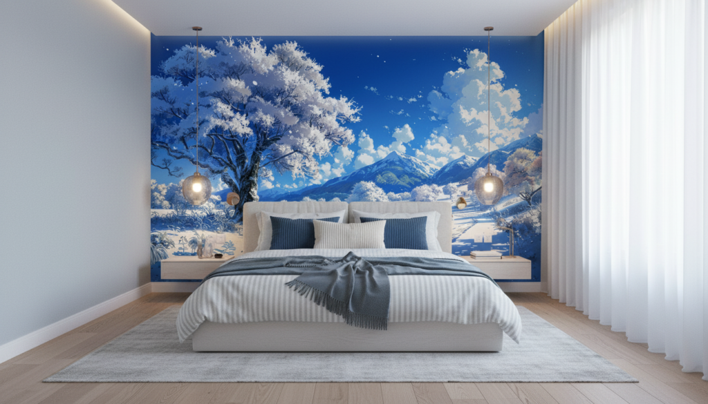 Paysage hivernal montagneux avec cerisier en fleurs et neige scintillante - Chambre adulte