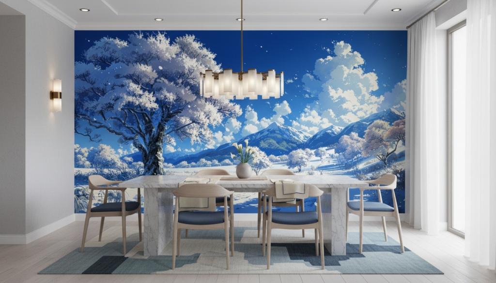 Paysage hivernal montagneux avec cerisier en fleurs et neige scintillante - Salle à manger