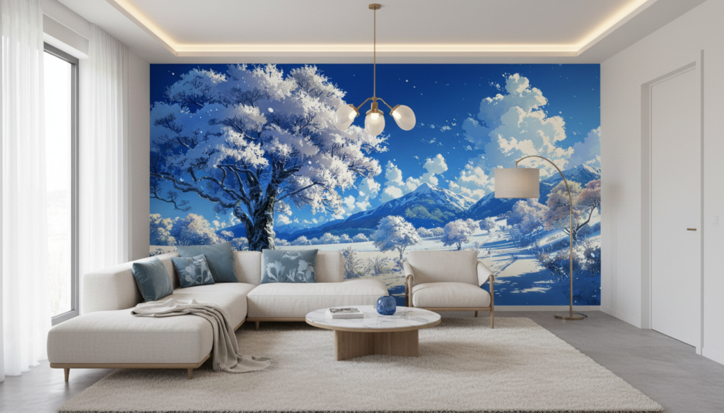 Paysage hivernal montagneux avec cerisier en fleurs et neige scintillante - Salon / Séjour