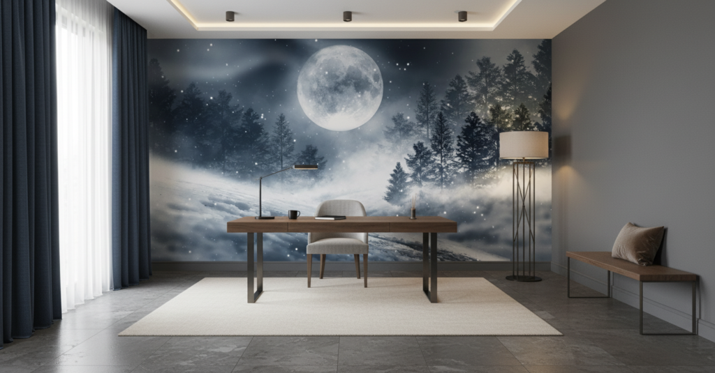 Paysage hivernal nocturne avec lune brillante et sapins enneigés - Bureau