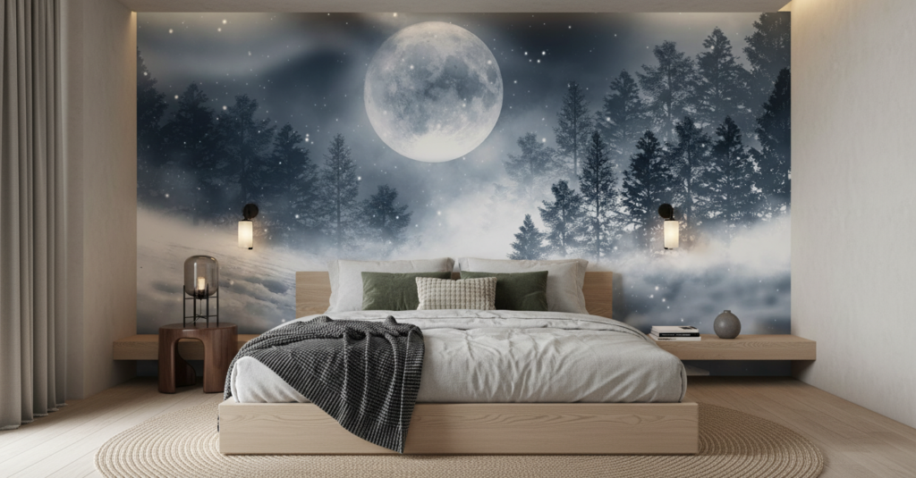 Paysage hivernal nocturne avec lune brillante et sapins enneigés - Chambre adulte