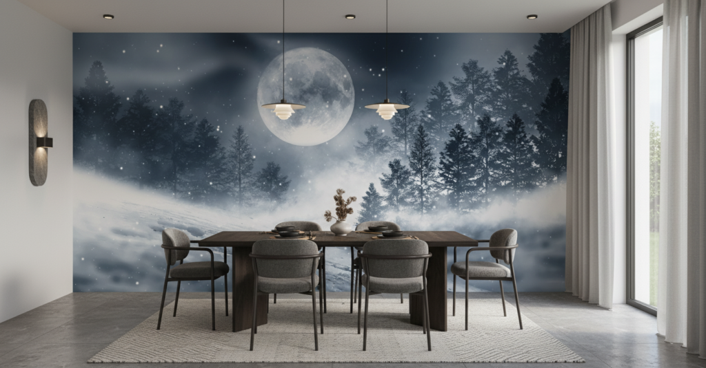 Paysage hivernal nocturne avec lune brillante et sapins enneigés - Salle à manger