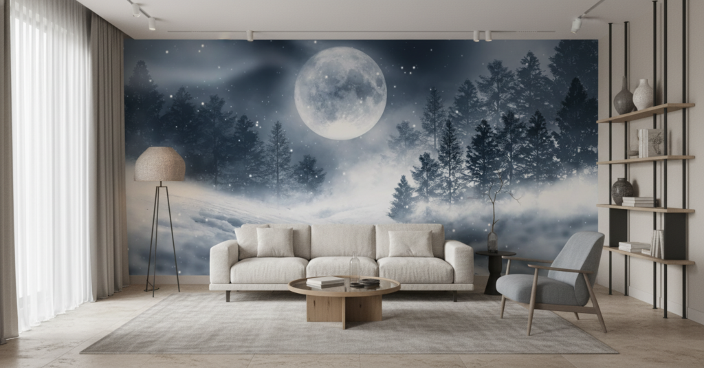 Paysage hivernal nocturne avec lune brillante et sapins enneigés - Salon / Séjour