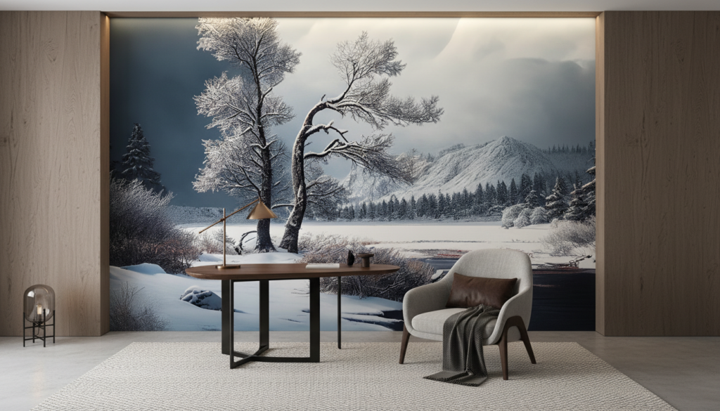 Paysage hivernal paisible avec rivière et montagnes enneigées - Bureau