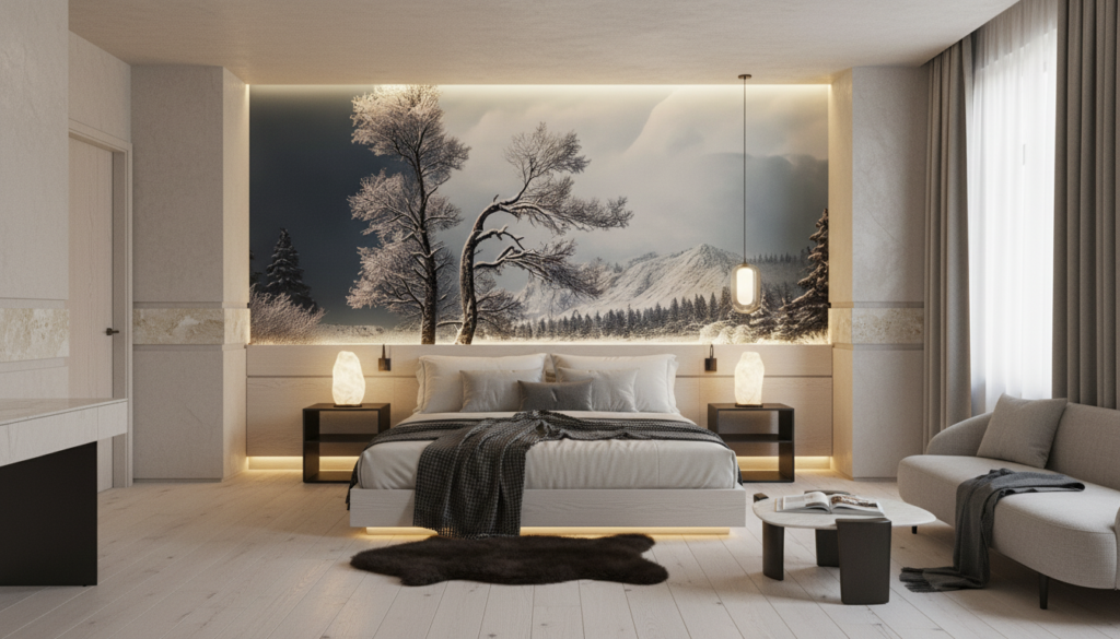 Paysage hivernal paisible avec rivière et montagnes enneigées - Hôtel