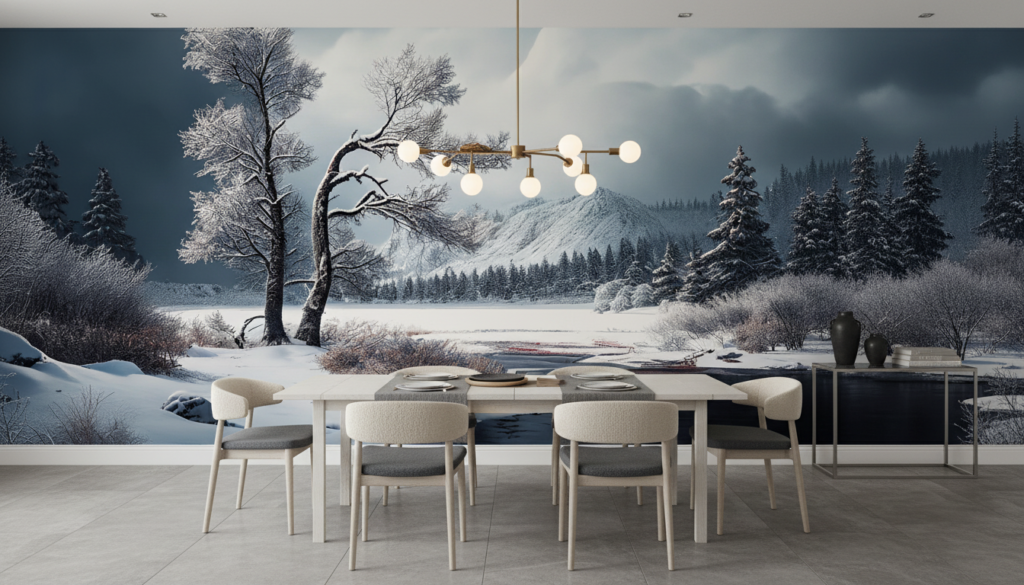 Paysage hivernal paisible avec rivière et montagnes enneigées - Salle à manger