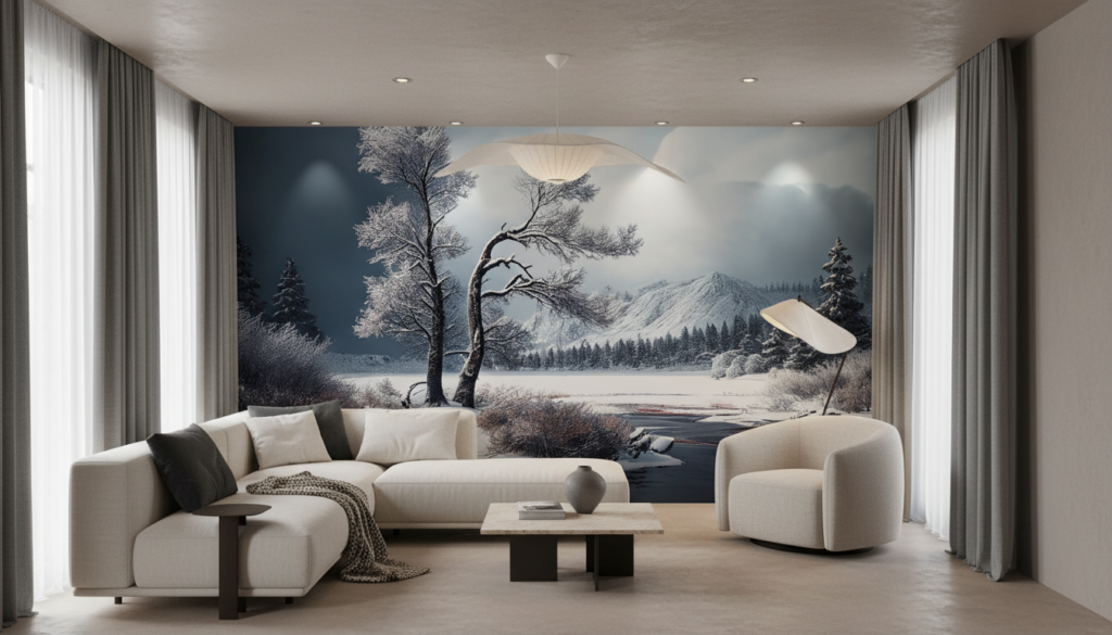 Paysage hivernal paisible avec rivière et montagnes enneigées - Salon / Séjour