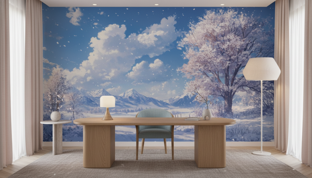 Paysage hivernal romantique aux cerisiers en fleurs sous la neige - Bureau