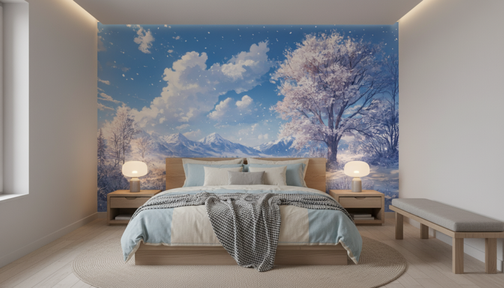 Paysage hivernal romantique aux cerisiers en fleurs sous la neige - Chambre adulte