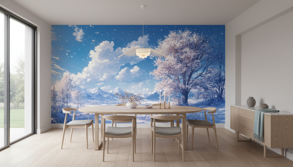 Paysage hivernal romantique aux cerisiers en fleurs sous la neige - Salle à manger