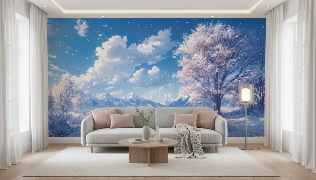 Paysage hivernal romantique aux cerisiers en fleurs sous la neige - Salon / Séjour