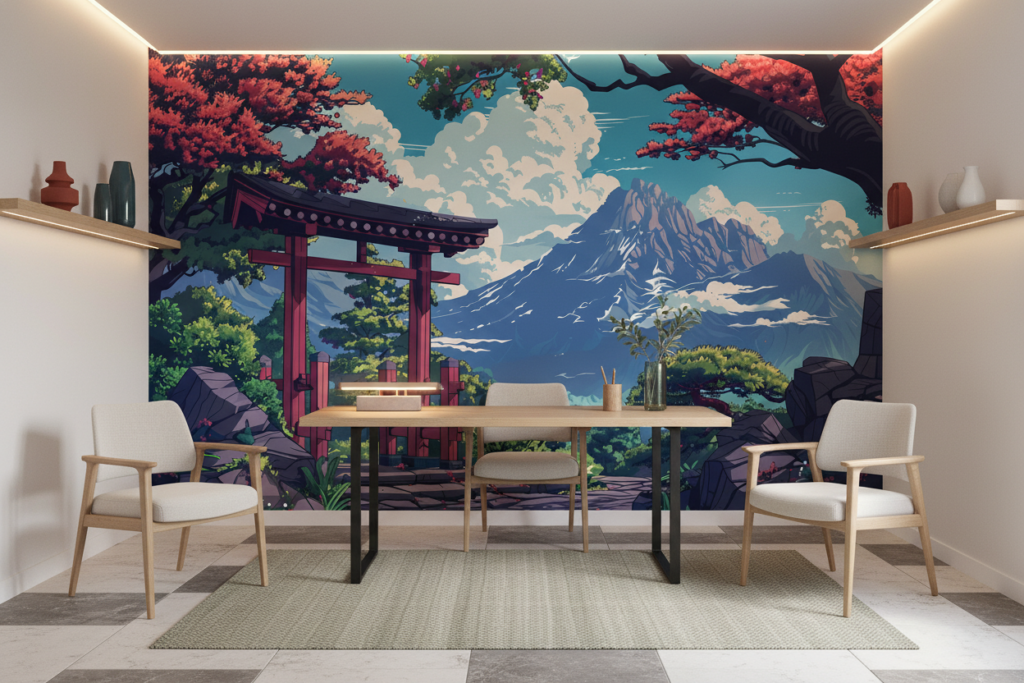 Paysage Japonais avec Torii et Montagne sous Cerisiers en Fleurs - Bureau