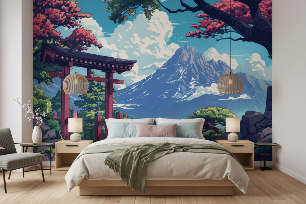 Paysage Japonais avec Torii et Montagne sous Cerisiers en Fleurs - Chambre adulte