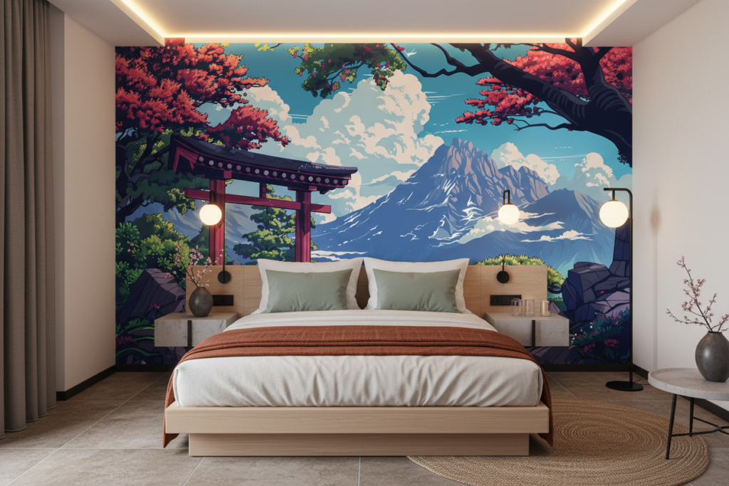 Paysage Japonais avec Torii et Montagne sous Cerisiers en Fleurs - Hôtel