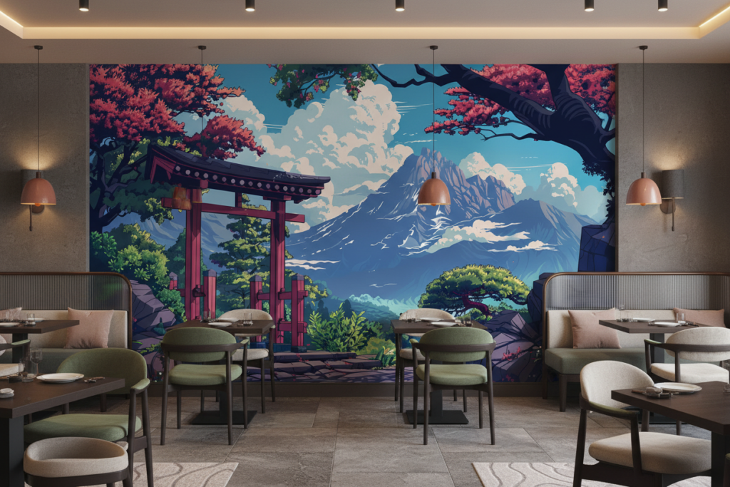Paysage Japonais avec Torii et Montagne sous Cerisiers en Fleurs - Restaurant
