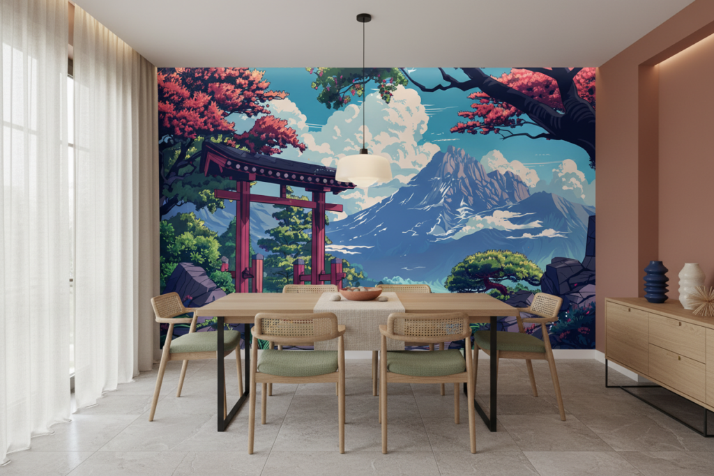 Paysage Japonais avec Torii et Montagne sous Cerisiers en Fleurs - Salle à manger