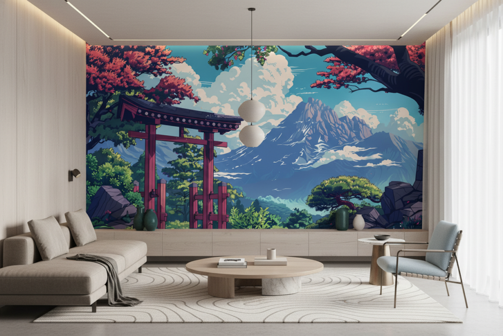 Paysage Japonais avec Torii et Montagne sous Cerisiers en Fleurs - Salon / Séjour