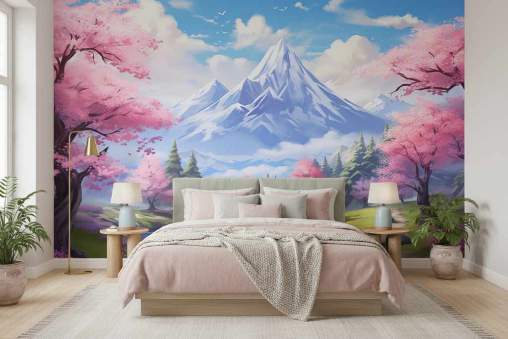 Paysage Japonais Mont Fuji Cerisiers en Fleurs Cascade Zen - Chambre adulte