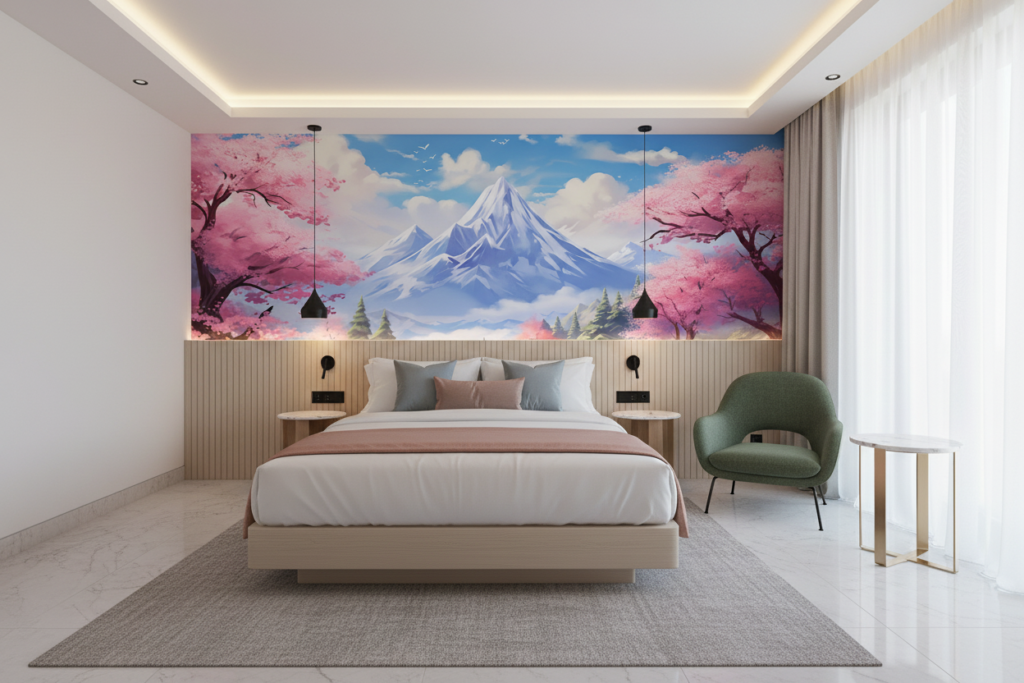 Paysage Japonais Mont Fuji Cerisiers en Fleurs Cascade Zen - Hôtel