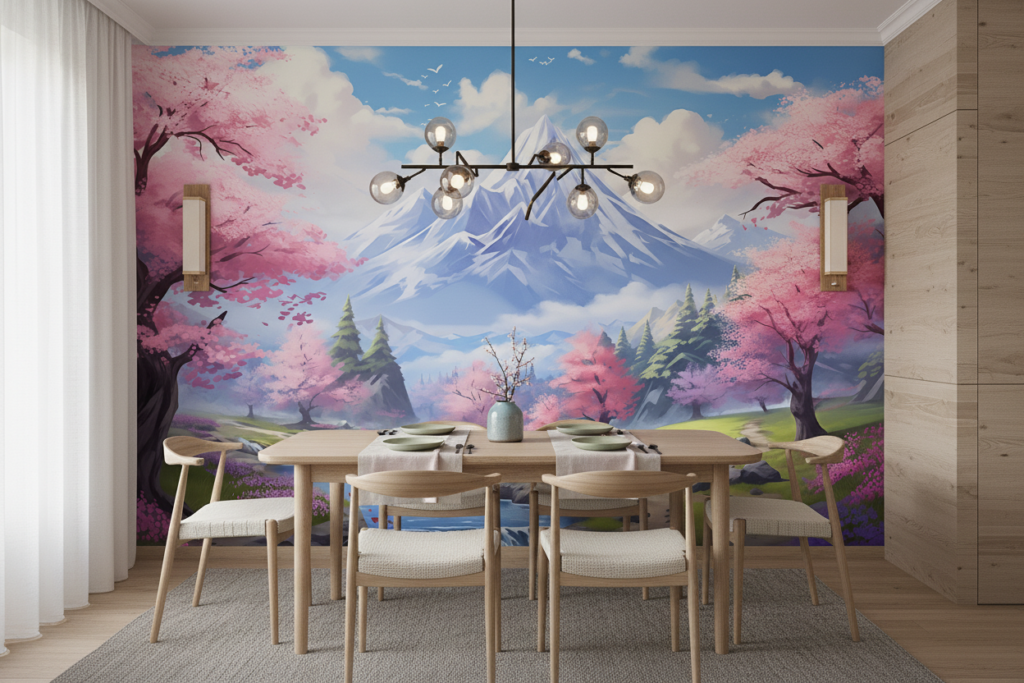 Paysage Japonais Mont Fuji Cerisiers en Fleurs Cascade Zen - Salle à manger