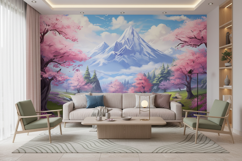 Paysage Japonais Mont Fuji Cerisiers en Fleurs Cascade Zen - Salon / Séjour