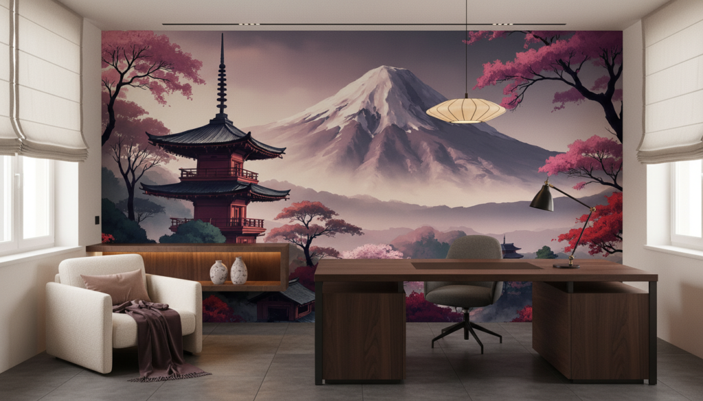 Paysage Japonais Mont Fuji Pagode et Cerisiers en Fleurs - Bureau