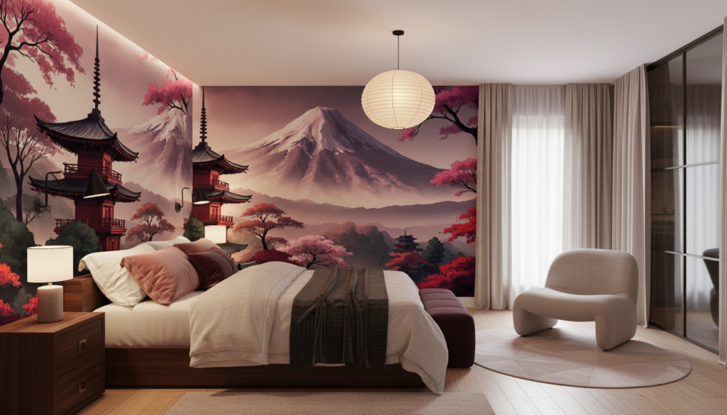 Paysage Japonais Mont Fuji Pagode et Cerisiers en Fleurs - Chambre adulte