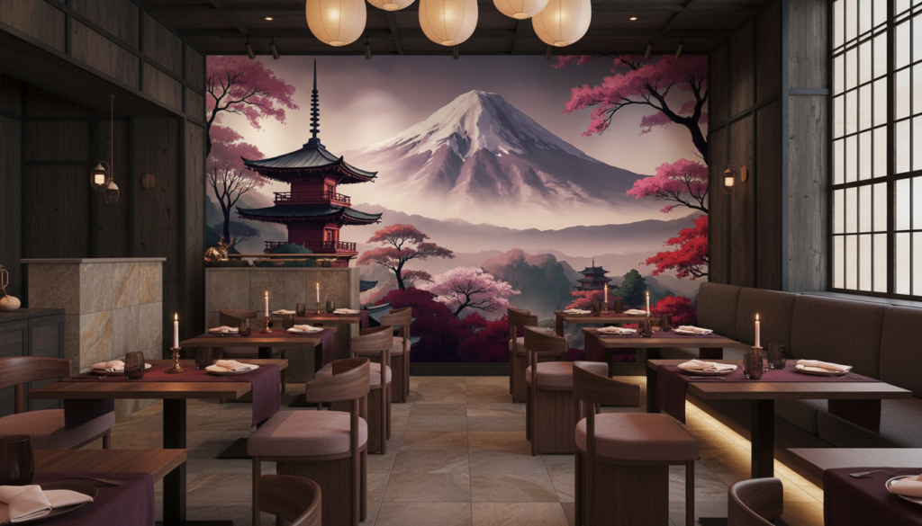 Paysage Japonais Mont Fuji Pagode et Cerisiers en Fleurs - Restaurant