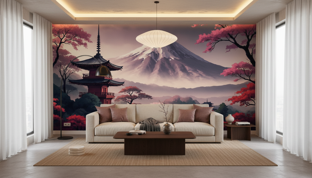 Paysage Japonais Mont Fuji Pagode et Cerisiers en Fleurs - Salon / Séjour