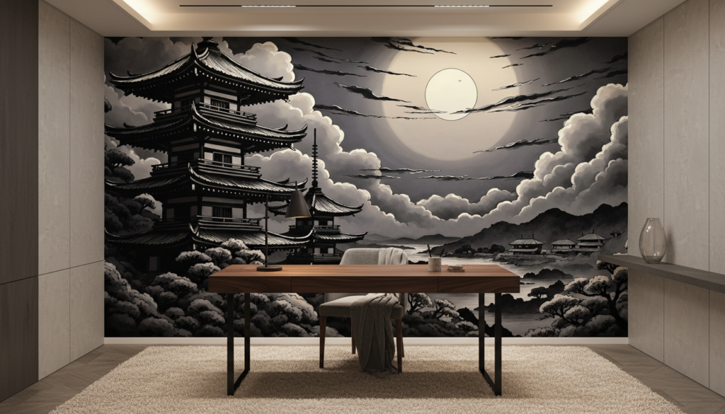 Paysage Japonais Nocturne Pagode Temple Architecture Traditionnelle Lune Nuages - Bureau