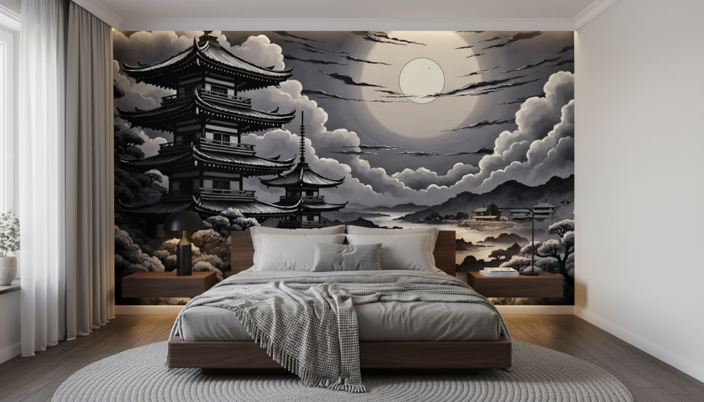 Paysage Japonais Nocturne Pagode Temple Architecture Traditionnelle Lune Nuages - Chambre adulte