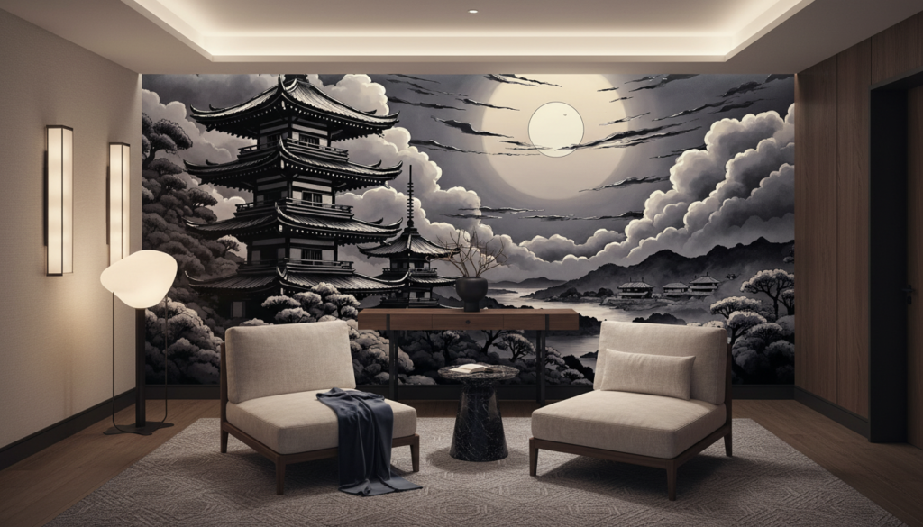 Paysage Japonais Nocturne Pagode Temple Architecture Traditionnelle Lune Nuages - Hôtel